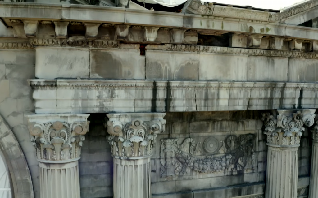 Damaged column and molds of the front of the Michigan Central Station
