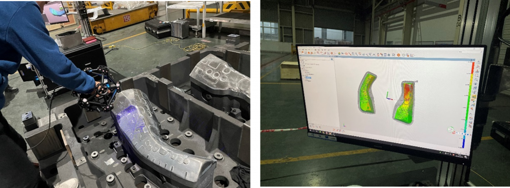 Left: Employee on the production line using a MetraSCAN 3D scanner to measure stamping dies - Right: Screen displaying the color map of the scanned casting dies and model