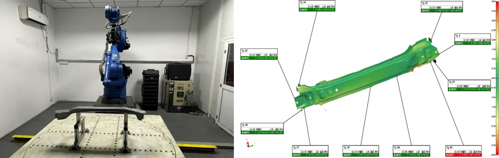 Left: Metal sheet on turntable part in front of robot mounted MetraSCAN 3D-R - Right: Scanned data and color map of the sheet metal part