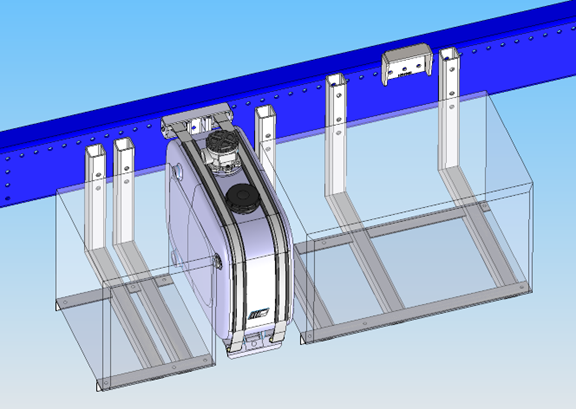 CAD view of the scanned areas with traced toolbox holders and purchased part (hydraulic tank)