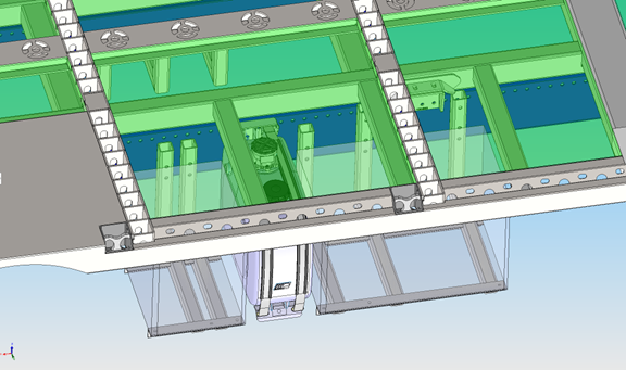 Vista CAD con puente (diseño principal, fabricado por el departamento de ingeniería), tanque hidráulico (a partir de datos 3D del proveedor de piezas) y cajas de herramientas (soportes construidos por el área de producción y rediseñados mediante ingeniería inversa).