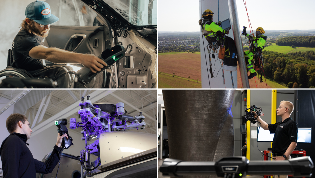 Quatre images représentant Go!SCAN 3D, HandySCAN et MetraSCAN 3D utilisés dans les secteurs de l'automobile, de la production d'énergie, de l'aérospatiale et de la métallurgie.