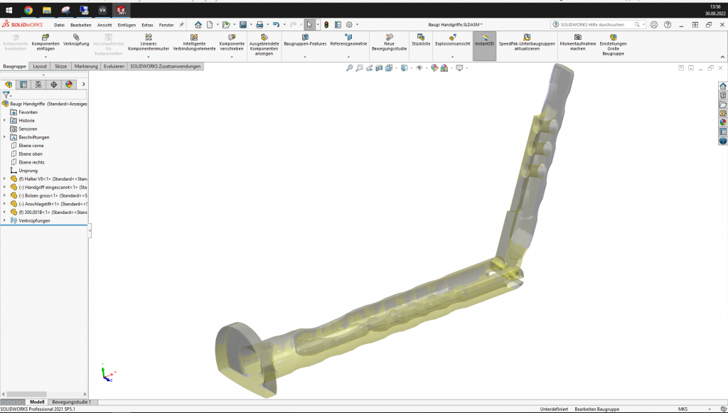 Screenshot of a target-actual comparison of the scanned handle in Solidworks software