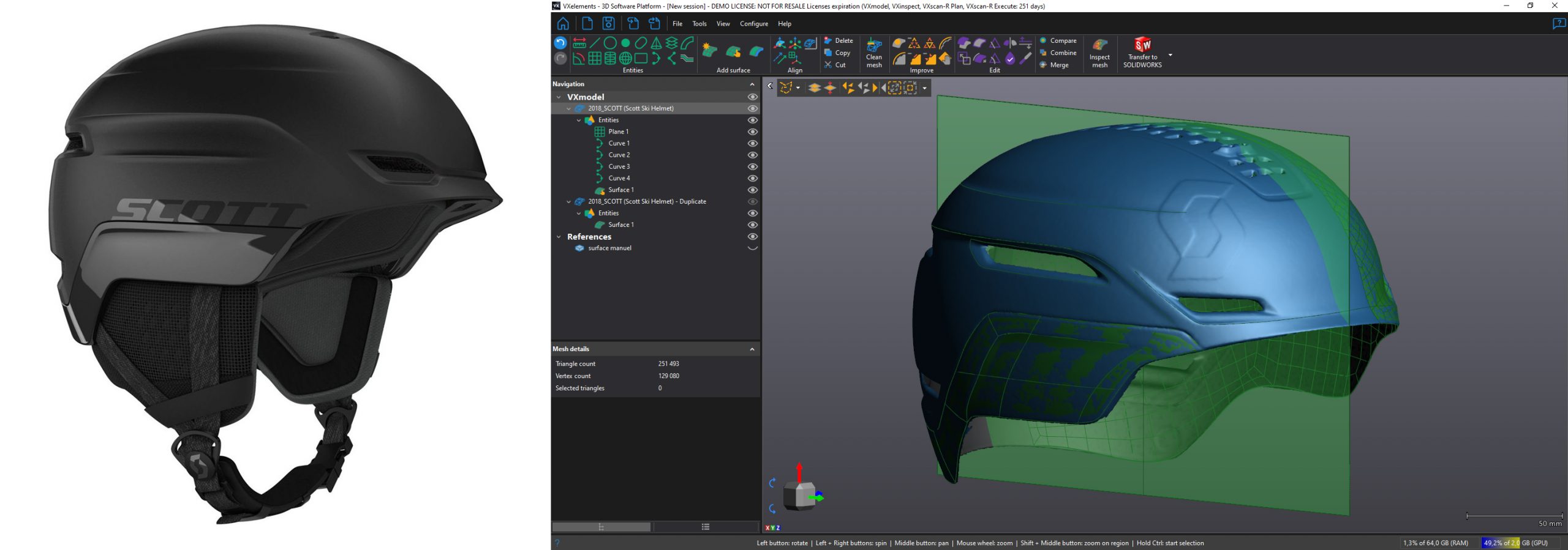 Comparação de um capacete de ski real e um modelo 3D do capacete no software VXelements