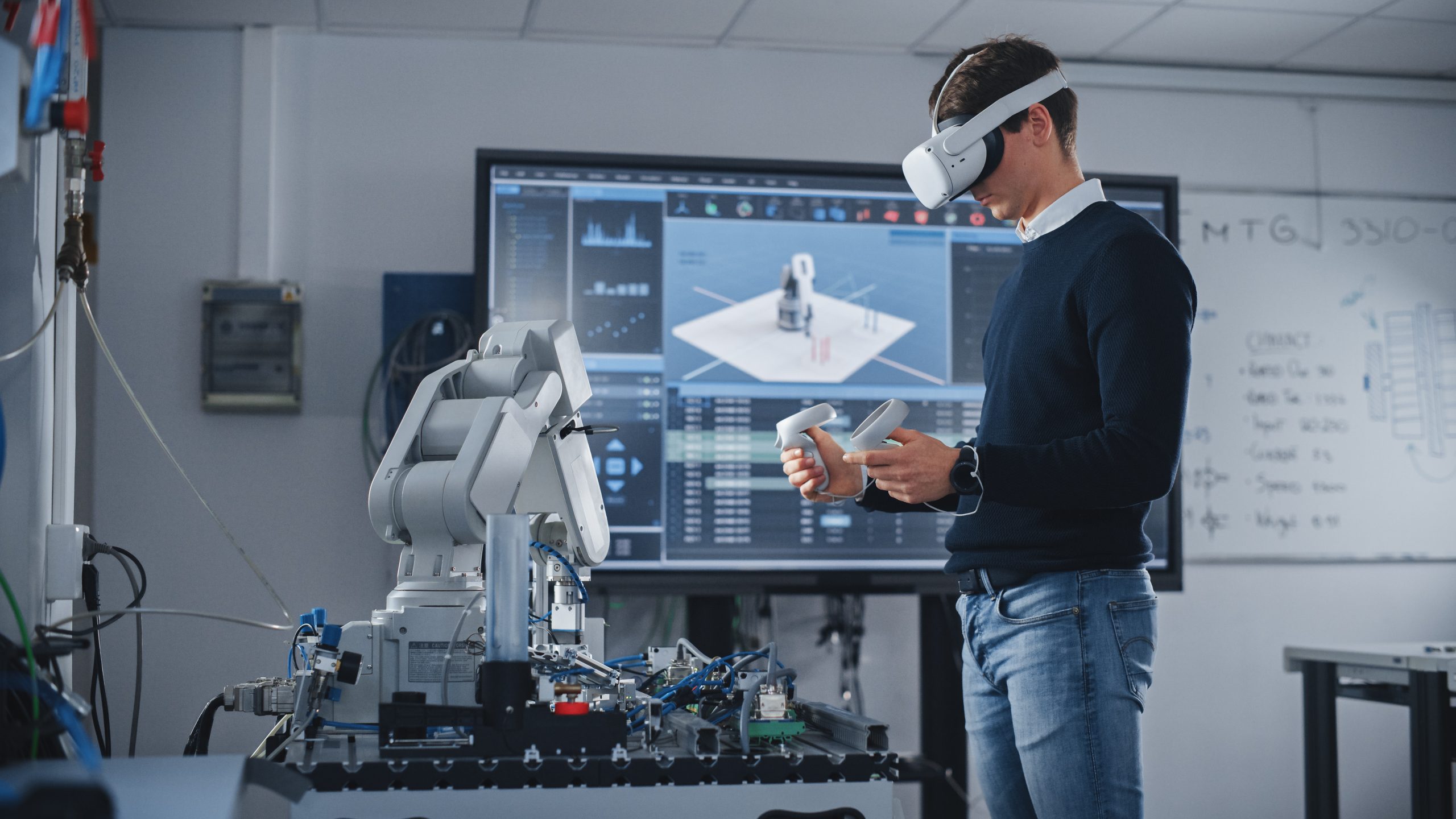 Dans la salle de classe d'une université de haute technologie, un homme portant un casque de RV et tenant des contrôleurs est concentré sur ses études en robotique.