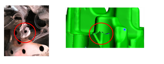 Una imagen de un molde automotriz roto y una exploración 3D inicial.