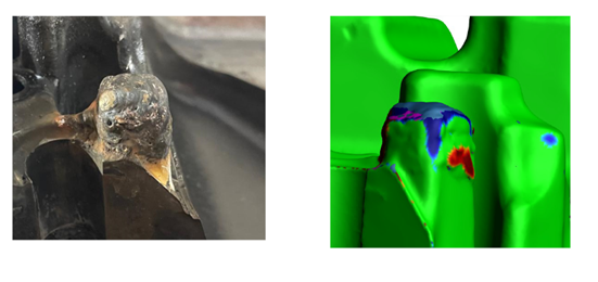 Una imagen de un molde automotriz roto siendo reparado y una segunda exploración 3D.